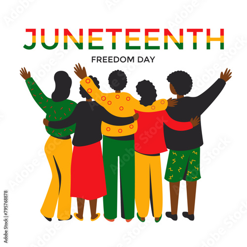 Juneteenth holiday freedom day, liberation from slavery June 19. A group of African-American people. Vector stock illustration.