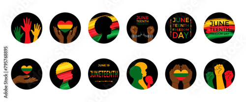 Juneteenth holiday is freedom day, liberation from slavery June 19. Set of round badge, sticker. Vector stock illustration.