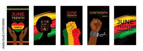 Juneteenth holiday is freedom day, liberation from slavery June 19. Set of vertical banner for social media network, stories. Vector stock illustration.