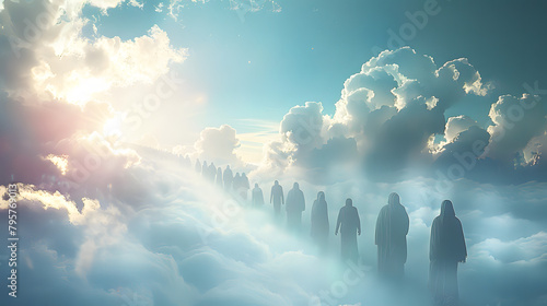 people walking to the light in heaven. Standing in a row waiting to go to heaven in white clouds. Christian prayers are in queue praying to the Jesus. Believe photo