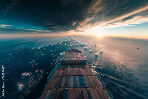 breathtaking shot of the earth's horizon meeting the boundless sky, with cargo ships traversing the oceans below, illustrating the vital role of maritime logistics in global trade,