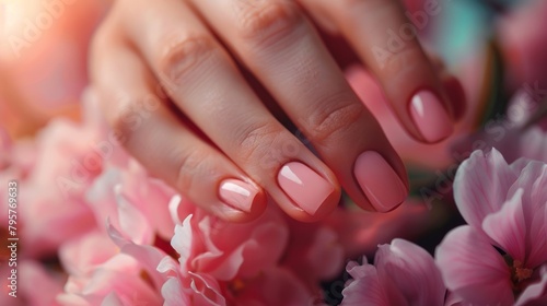 Glamour woman hand with trendy color nail polish manicure on fingers, touching flower petals, close up for cosmetic advertising, feminine product, romantic atmosphere use.