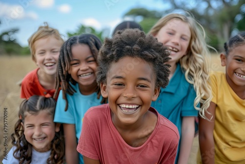 cheerful diverse group of children playing together outdoors friendship and unity concept