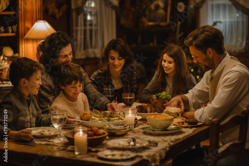 A close-knit family sharing a meal around the dinner table, with lively conversation and hearty laughter, cherishing the simple joys of fellowship and connection. A family is sitting at a table © ivlianna