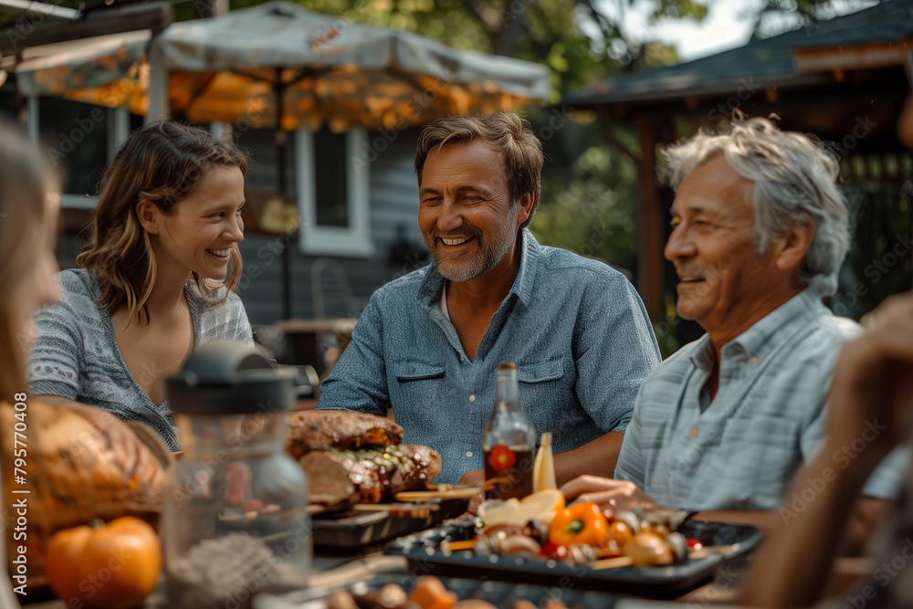 A multi-generational family gathering for a backyard barbecue, featuring grandparents, parents, and children, embodying the richness of family connections. Group smiling around table, sharing food