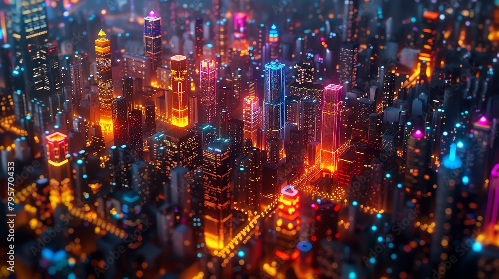 A digital painting of a cyberpunk city at night. The city is full of tall buildings, neon lights, and flying cars