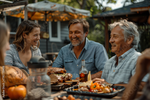 A multi-generational family gathering for a backyard barbecue  featuring grandparents  parents  and children  embodying the richness of family connections. Group smiling around table  sharing food