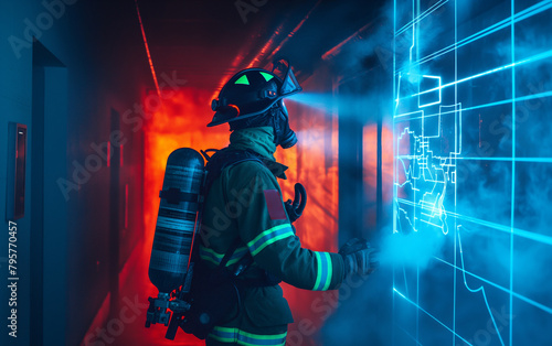 Rescue man in firefighter uniform and oxygen mask walk through orange signal smoke background photo