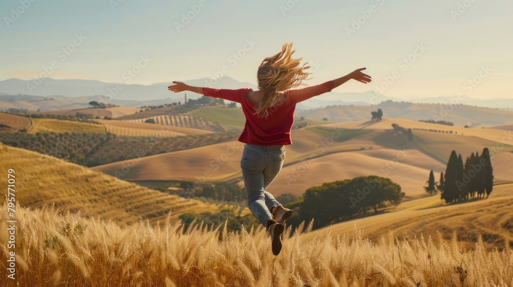 A woman jumps energetically in the air amidst a vast green field with a clear blue sky above A woman jumps energetically in the air amidst a vast green field with a clear blue sky above