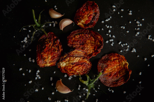 Slices of sun-dried tomatoes on black background with spices and salt