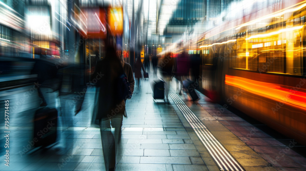 Fototapeta premium Realised commuters blurred, no faces, train lines silhouettes going to work. Transport work, life balance, corperate