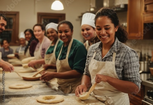 A group of women work together in a bakery. They are focused on crafting delicious artisan bread.