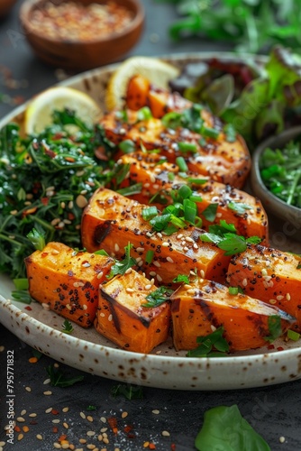 Simple vegetarian dinner, clean eating with baked sweet potatoes and greens , close-up