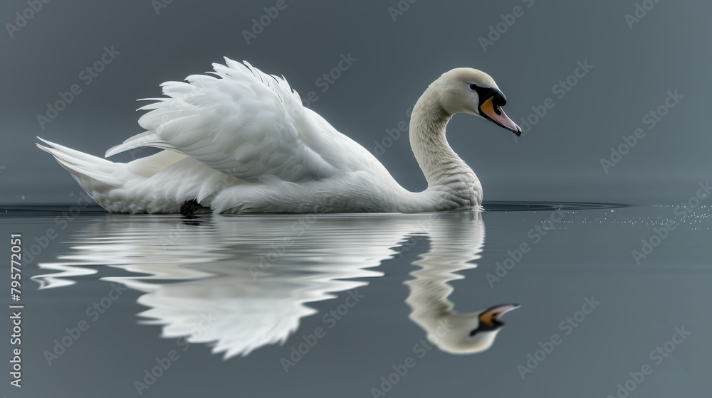 Obraz premium A white swan glides atop the lake, its image mirrored beneath Nearby, a bird spreads its wings, their expansive forms contrasting against the tranquil