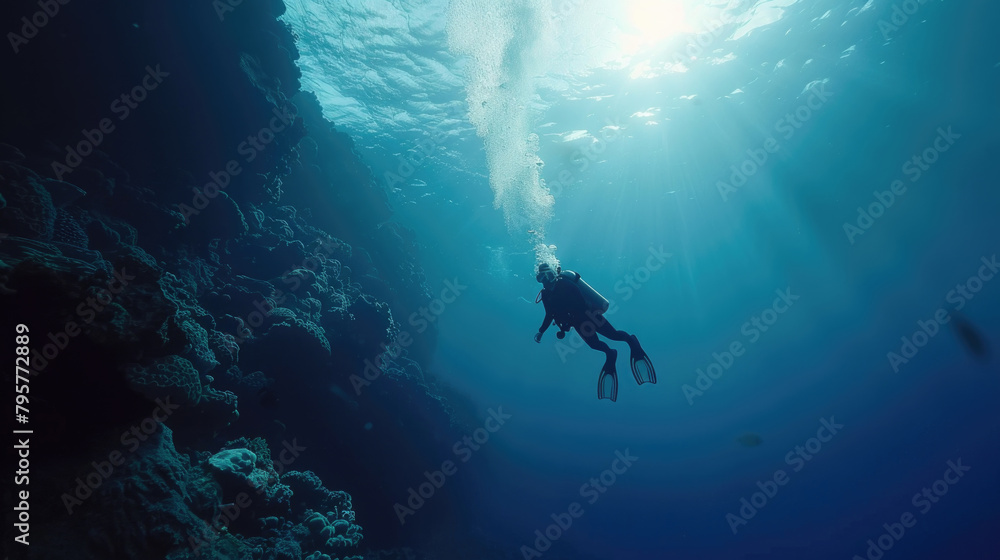 A person swimming in the water close to a cave entrance A person swimming in the water close to a cave entrance