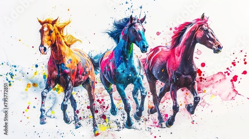 Three horses running, abstract image of a running horse splashed with paint on white background. photo