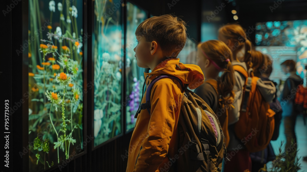 Group of children enthusiastically looking at various plants on display at a museum