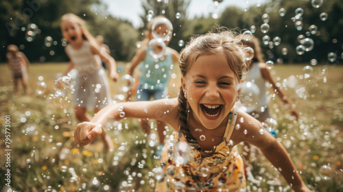 A group of children happily playing and chasing bubbles in a grassy field on a sunny day