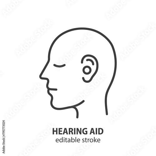 Head of a man with a hearing aid line icon. Symbol of deafness. Editable stroke. Vector illustration.