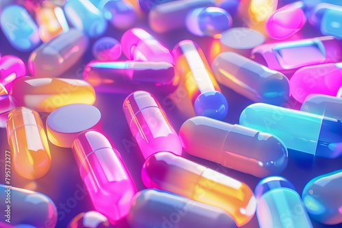 colorful pill capsules pile with modern light design pharmaceutical industry concept 3d rendering photo