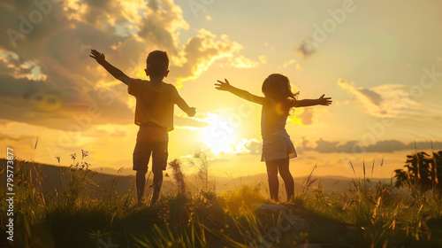 silhouette of children with their hands up in the field at sunset