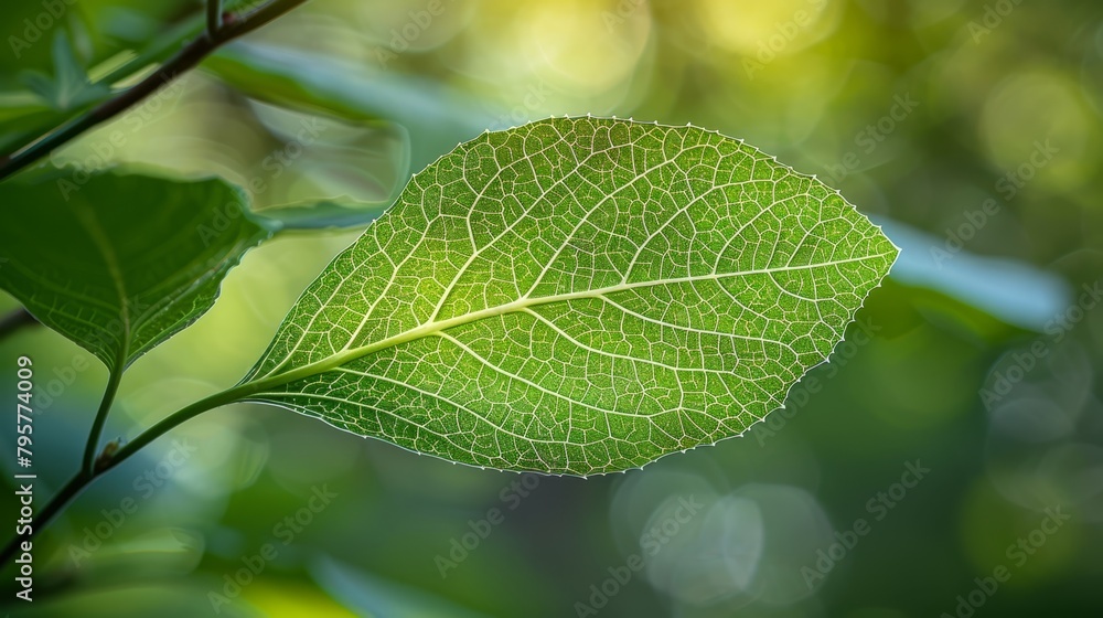 A tight shot of a green leaf on a branch against a softly blurred backdrop of foliage A tight shot of a green leaf on a branch against a softly blurred backdrop of foliage