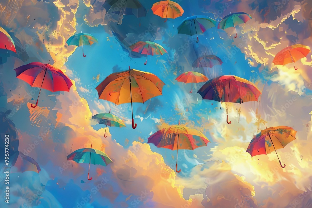 colorful umbrellas flying in the sky freedom and joy concept digital painting