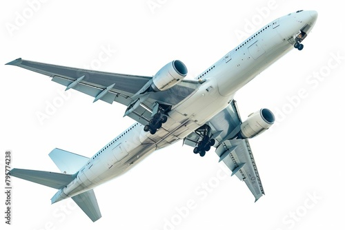 commercial airliner flying in clear blue sky isolated on white background