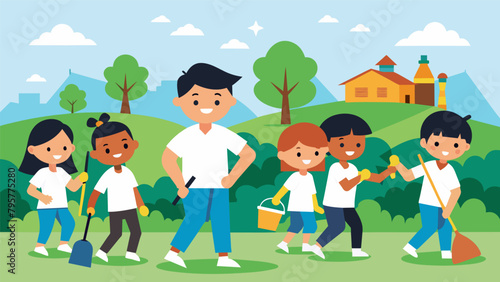 Students from a martial arts school participate in a neighborhood cleanup project demonstrating the importance of taking care of ones