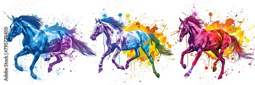 Painting of three horses running with a splash of paint on white background. Vibrant colors concept.