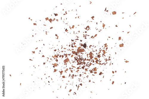 Pile chopped, milled dark chocolate isolated on white, top view	