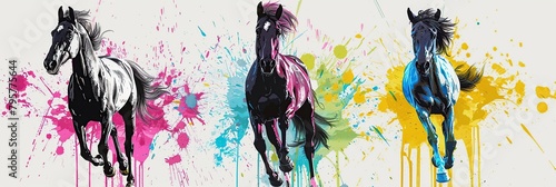Abstract animals horses white background. Painting of three horses running with a splash of paint.