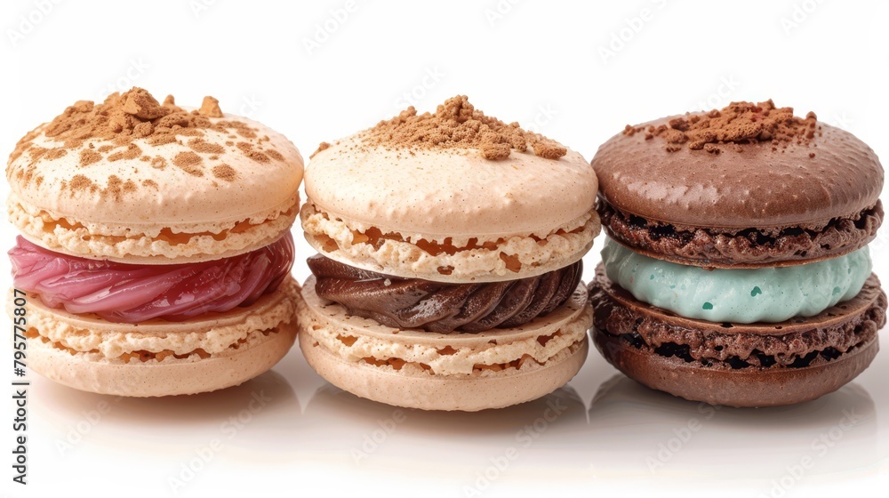 Three macaroons aligned on a white table Three macaroons aligned on a white table