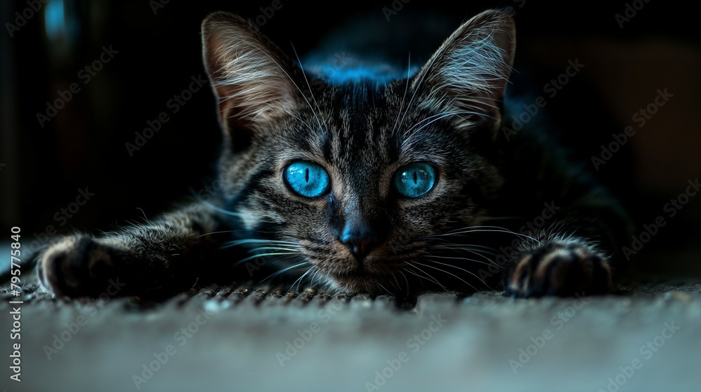 cat with bright blue eyes lying on the floor.