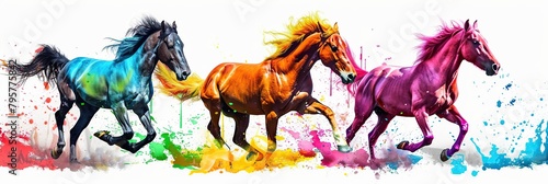 Painting a running horse with colorful paint. Three horses in watercolor. photo