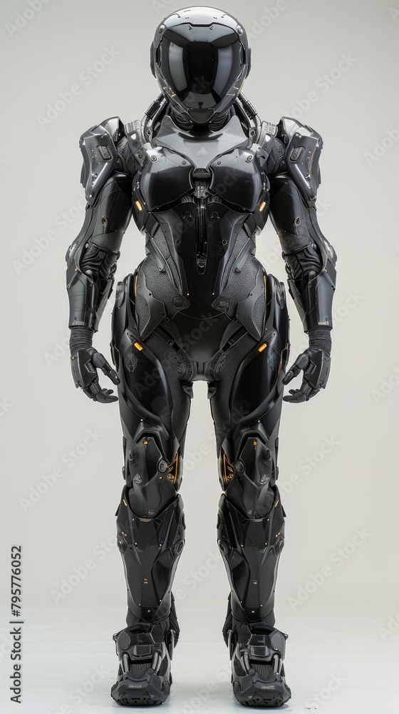 A black suit with a helmet and boots on display, AI A black suit with a helmet and boots on display, AI
