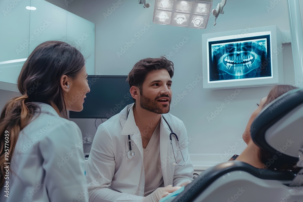 Dentist consulting with patient showing x-ray results on monitor. Dental care, medicine and healthcare concept. Dentist consulting with patient showing x-ray results on monitor. Dental care, medicine and healthcare concept.