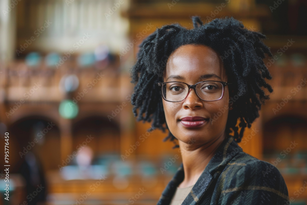 Portrait, Afro-Caribbean, woman lawyer, barrister, court building in the background. Diversity, inclusion, legal profession