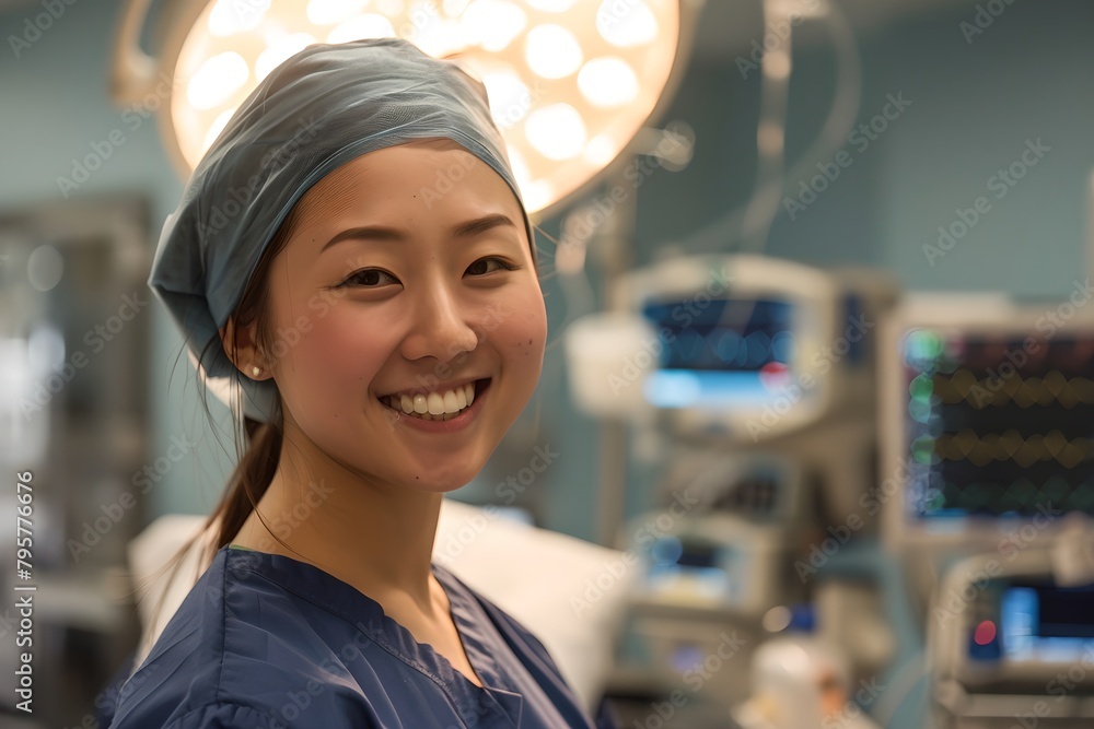 Cheerful Asian surgeon smiling in the operating room. Professional surgical woman. Medicine and healthcare concept. Medical staff and surgery Cheerful Asian surgeon smiling in the operating room. Professional surgical woman. Medicine and healthcare concept. Medical staff and surgery