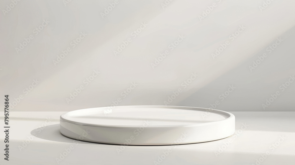 Circular white pedestal for displaying products in gentle lighting Circular white pedestal for displaying products in gentle lighting