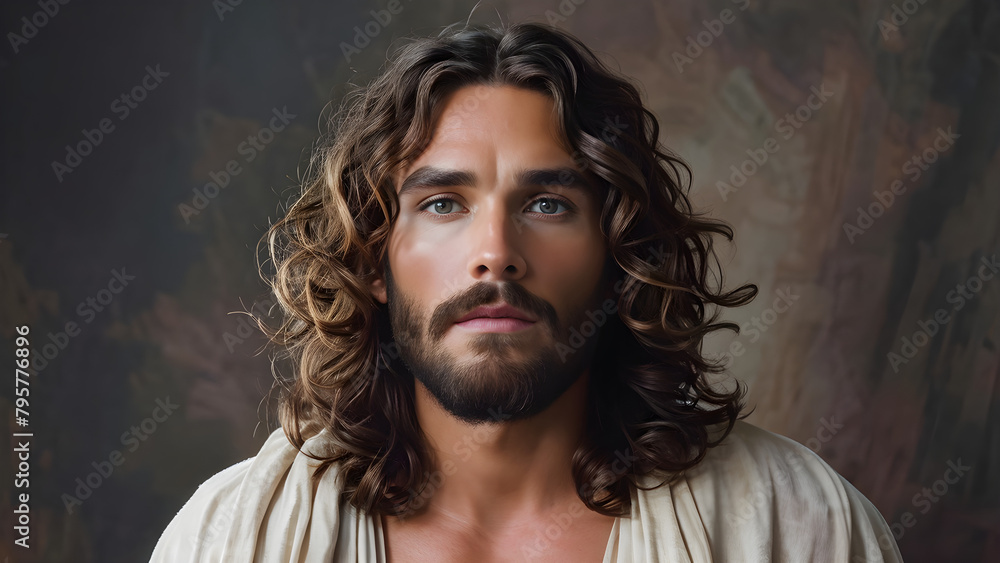 Youthful Savior: Young Jesus Christ in Direct Gaze, Divine Radiance: Frontal Portrait of Young Jesus, Sacred Serenity: Young Jesus Christ Facing Forward, Divine Innocence: Young Jesus in Frontal View