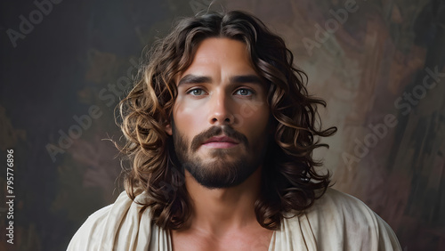 Youthful Savior: Young Jesus Christ in Direct Gaze, Divine Radiance: Frontal Portrait of Young Jesus, Sacred Serenity: Young Jesus Christ Facing Forward, Divine Innocence: Young Jesus in Frontal View