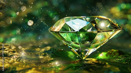 Green diamonds with a green light shining on dark background. © Penatic Studio