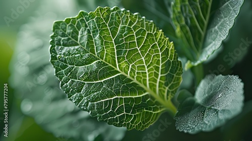  A tight shot of a green leaf, adorned with water droplets, against a softly blurred backdrop