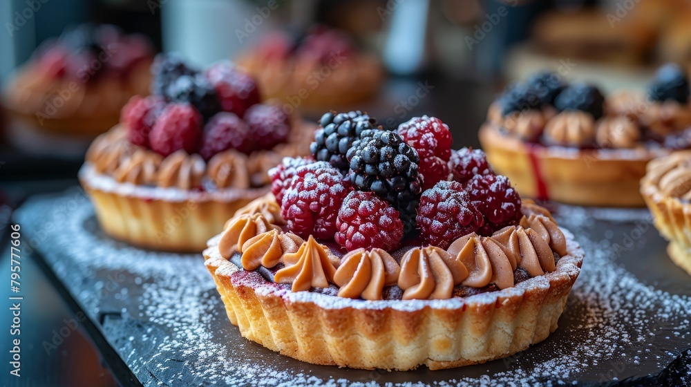   A tight shot of a pastry boasting berries atop it, and cupcakes adorned with icing