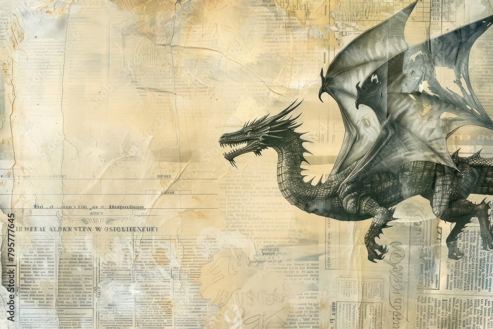 Naklejka premium Dragons flying ephemera border backgrounds animal paper.