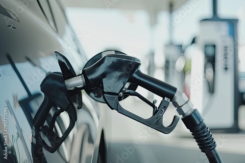 Gas station. refueling gun. A man fuels a car. Filling hose in hand. tank neck