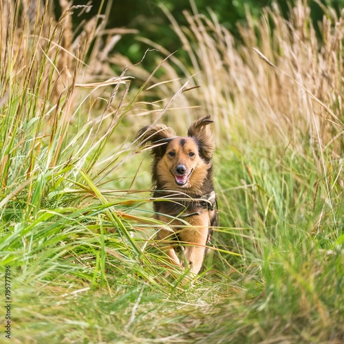 chien heureux courant dans les hautes herbes à la campagne en ia