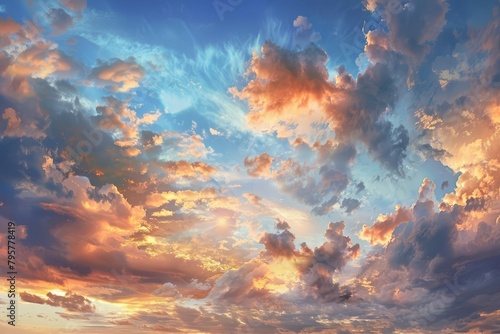 dramatic sky with scattered clouds at sunset panoramic view of heavenly landscape digital painting photo