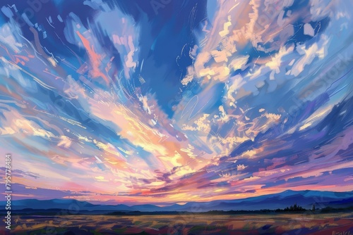 dramatic sky with scattered clouds at sunset panoramic view of heavenly landscape digital painting